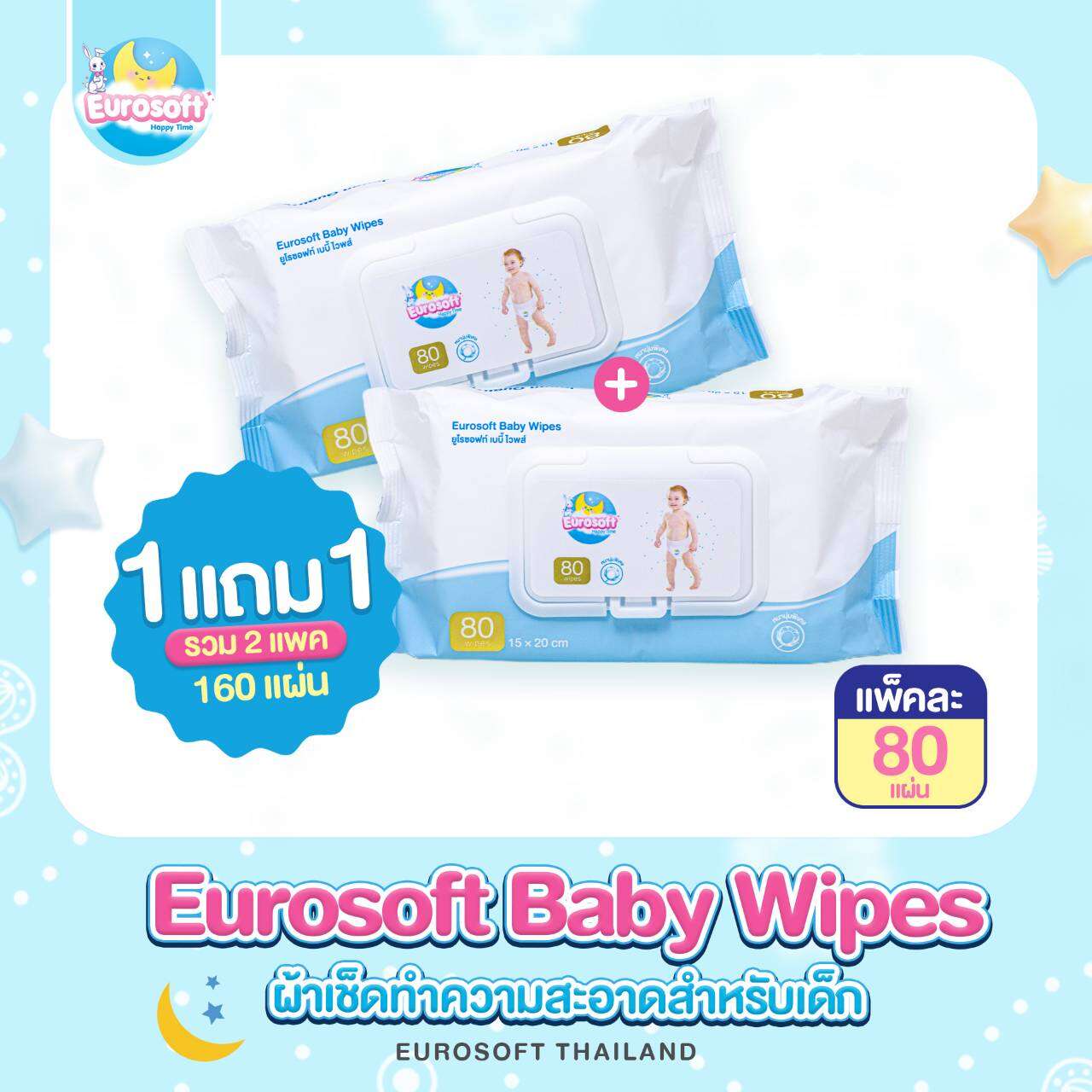 Eurosoft Baby Wipes (1 แถม 1) ผ้าเช็ดทำความสะอาดสำหรับเด็ก ทิชชู่เปียกสำหรับเด็ก สูตรอ่อนโยน ราคา 79 บาท*ส่งฟรี