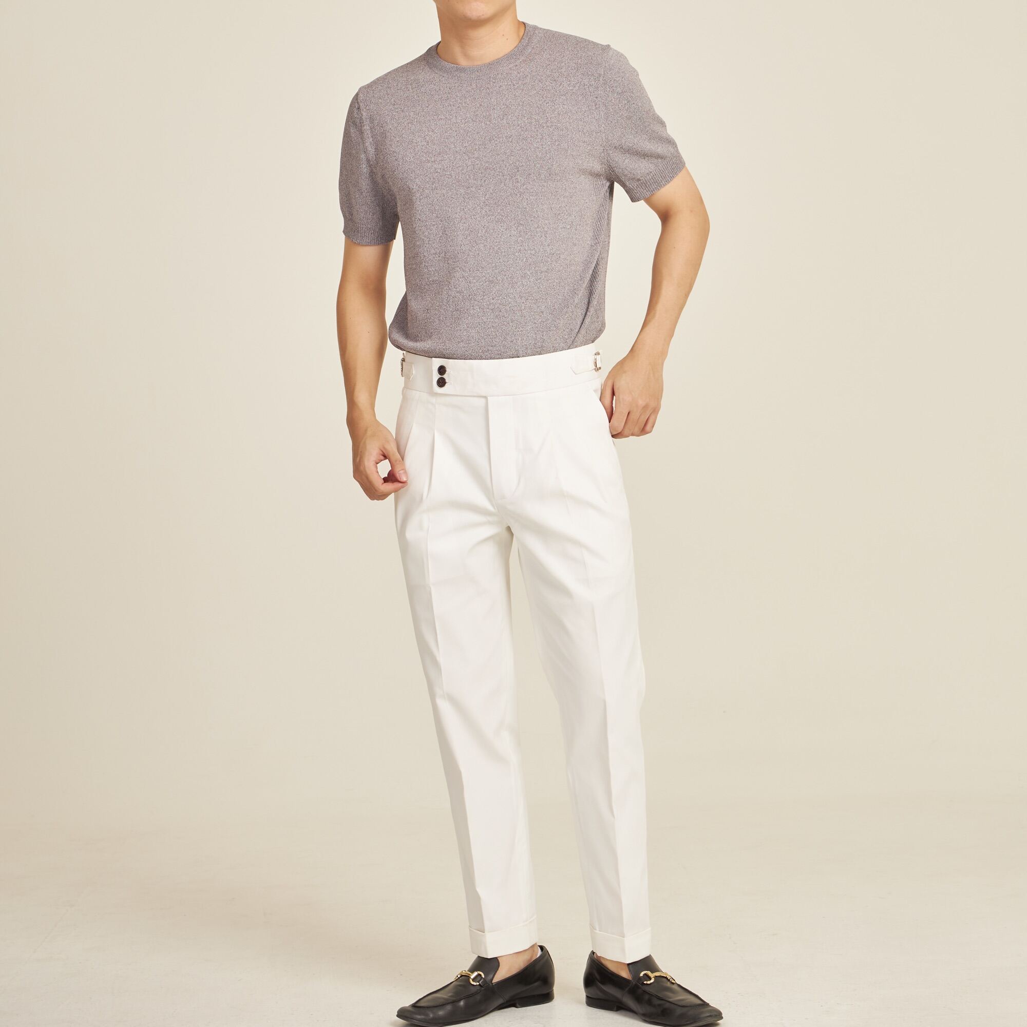 Mens White Cotton Pleated Trousers