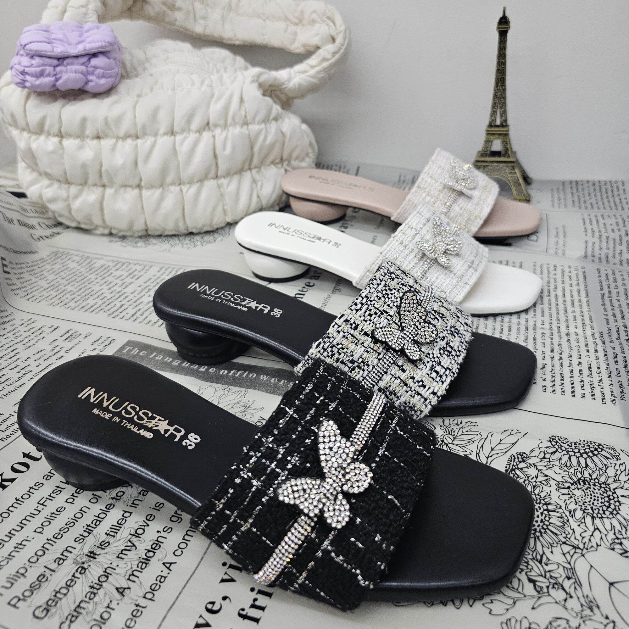 🦋 Butterfly 👑 Tweed Fashion Shoes (1 Inch High) Tweed Fabric with Butterfly and Diamond Embellishments. 💎 Ready to Ship - ยี่ห้อ Butterfly ราคา 265 บาท*ส่งฟรี