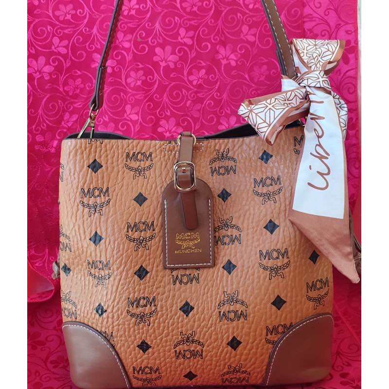 MCM Visetos Rudic Canvas Shopper Tote Bag Cognac Orange