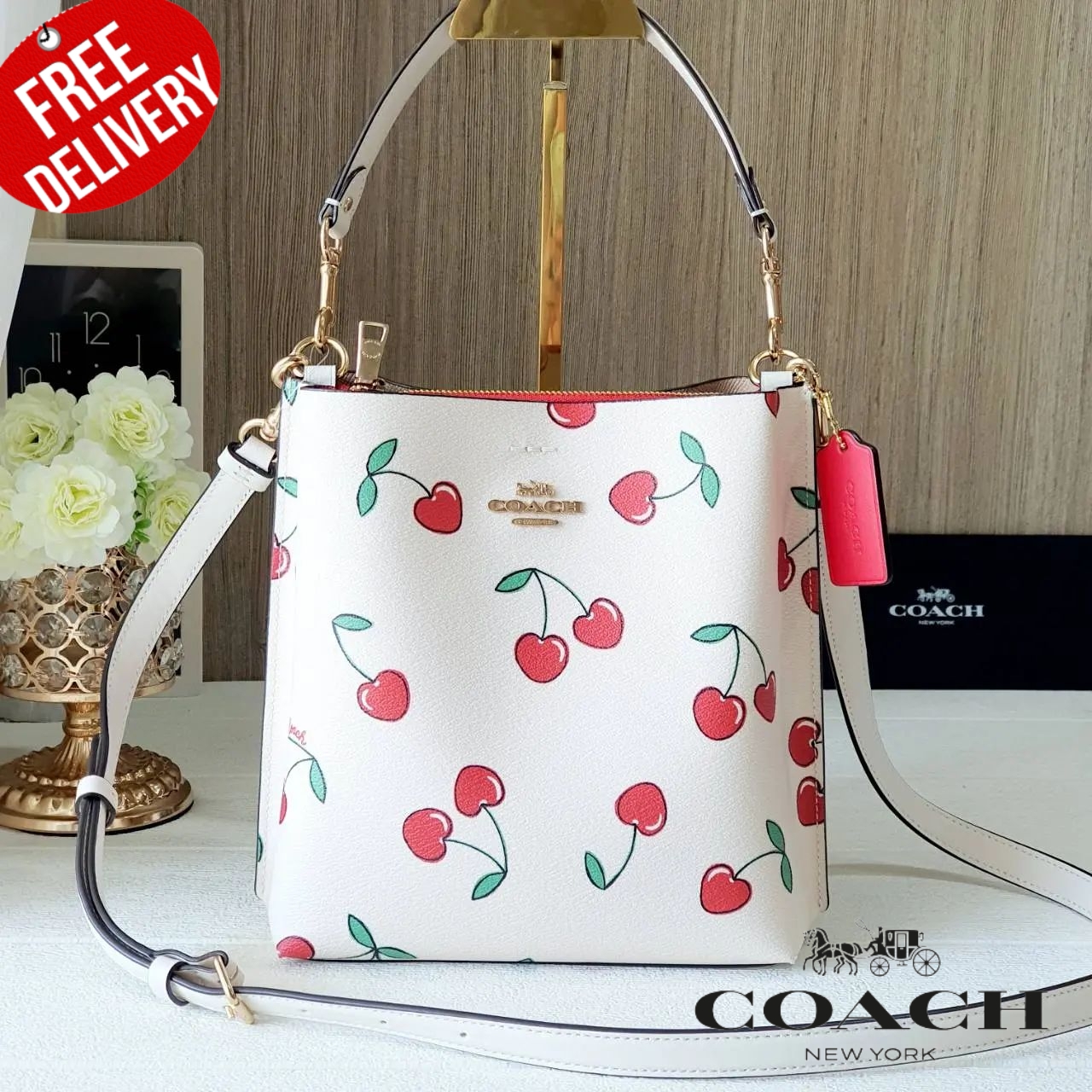 Coach CE611 Mollie Bucket Bag In Signature Canvas With Heart Cherry