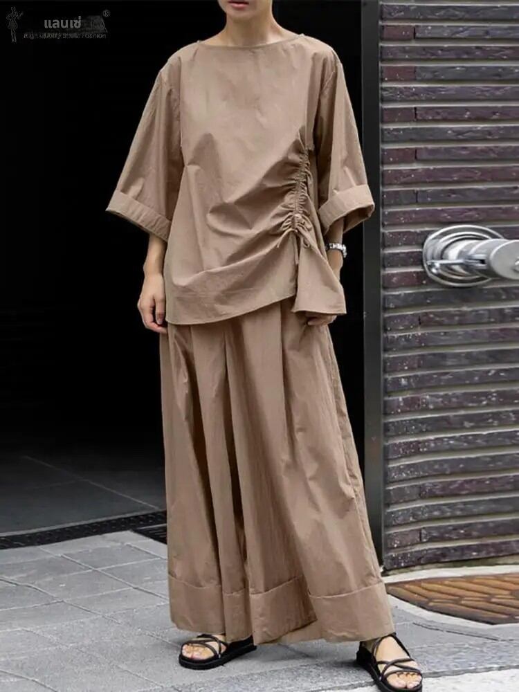 Zanzea เซ็ตเสื้อผู้หญิงขากว้างแขน3/4, 2ชิ้นกางเกงลำลองแฟชั่นชุดวอร์มฤดูใบไม้ร่วง ราคา 443 บาท*ส่งฟรี