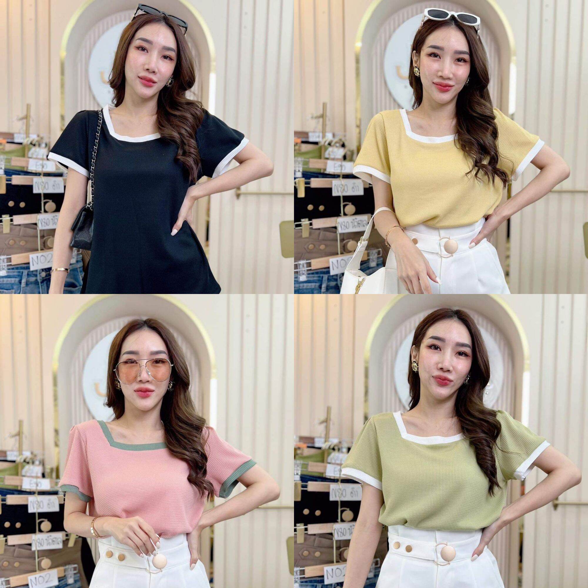 New Collection🌸เสื้อยืดคอสีเหลี่ยม แขนตุ๊กตา แต่งขอบคอและแขน | Lazada.co.th