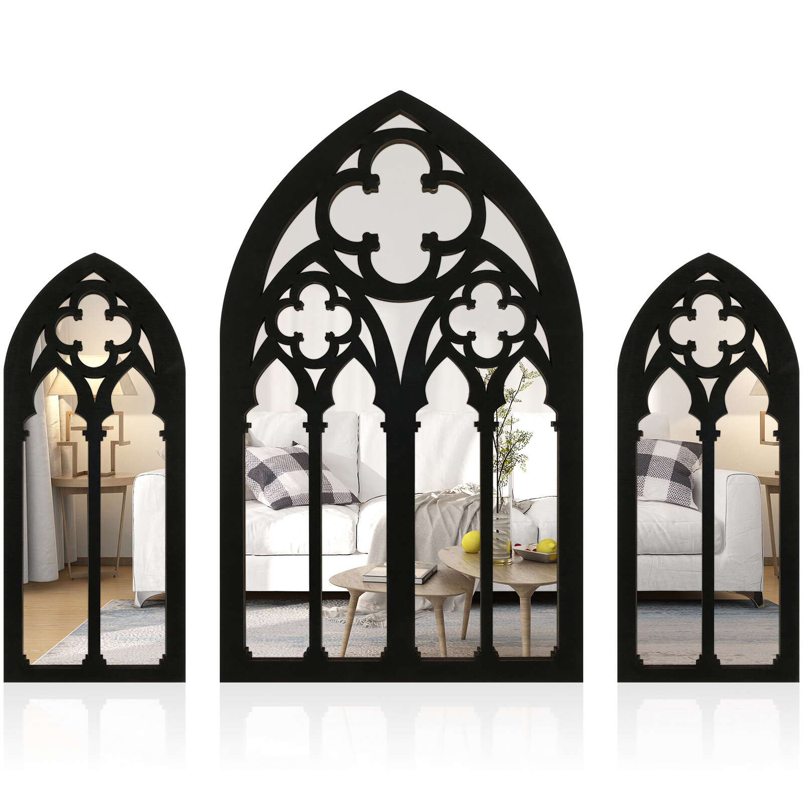3 ชิ้น Gothic กระจกตกแต่งโค้งผนังกระจก Vintage Cathedral กระจกหน้าต่างในร่ม Accent ไม้กรอบกระจก Home Décor