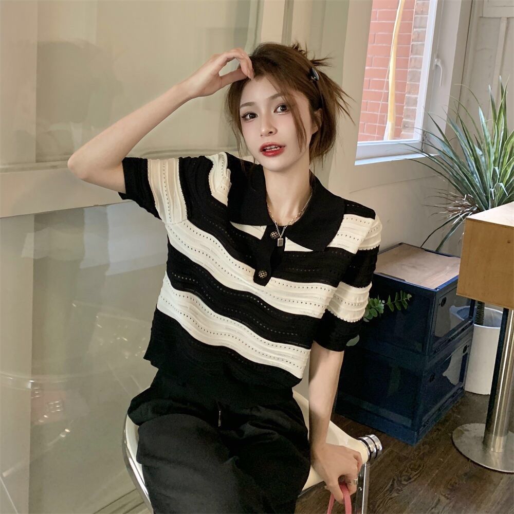 ttshop????พร้อมส่ง???? เสื้อไหมพรมแขนสั้น คอปก กระดุมทองน่ารักมากคิ้ว ...