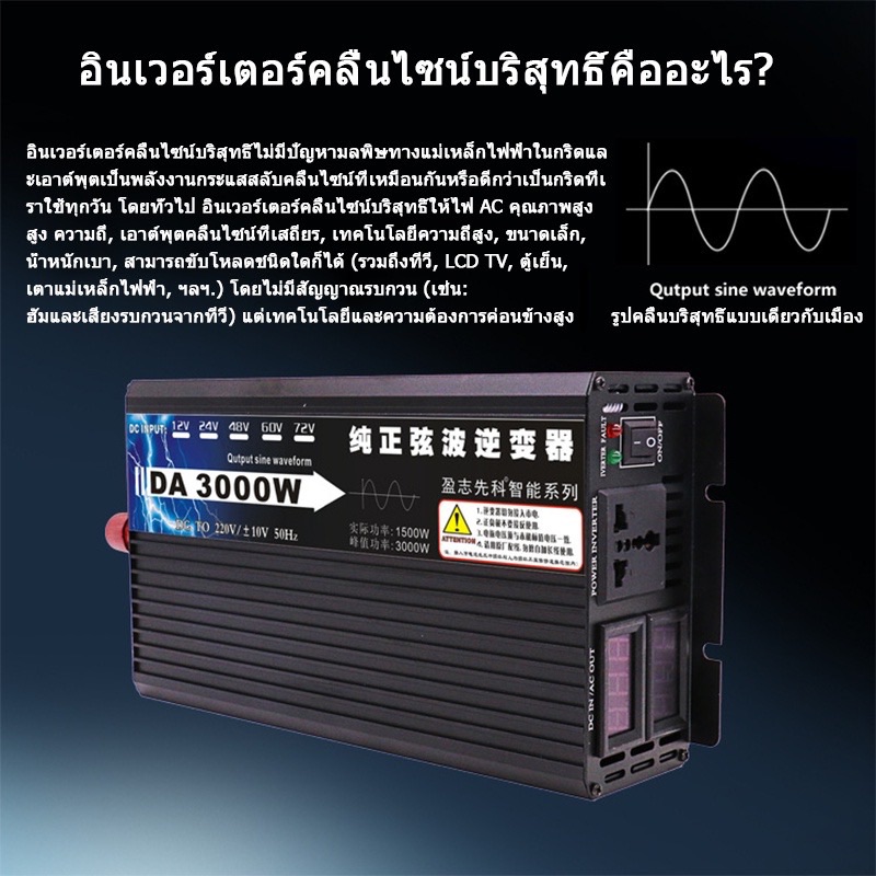 อินเวอร์เตอร์ 3000W รุ่น12v/24v เพรียวซายเวฟของอินเวอร์เตอร์ pure sine wave inverter  พร้อมส่งจากไทย