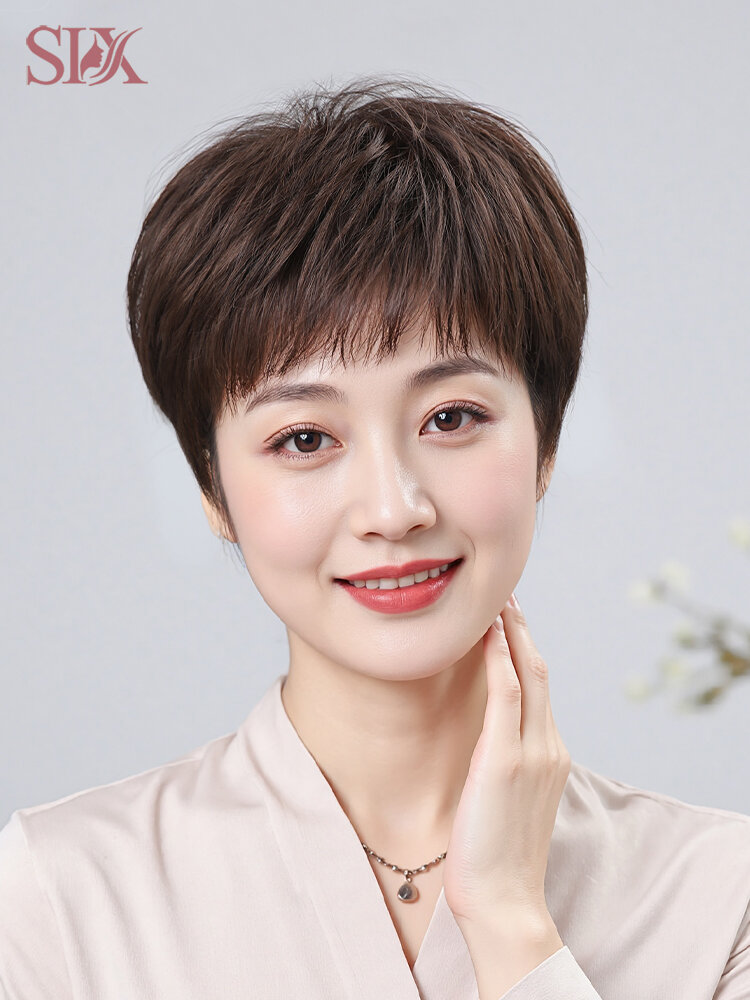 SIX | Natural Short Hair Full Wig for Elderly Women Made of Real Human Hair ราคา 6,269 บาท*ส่งฟรี