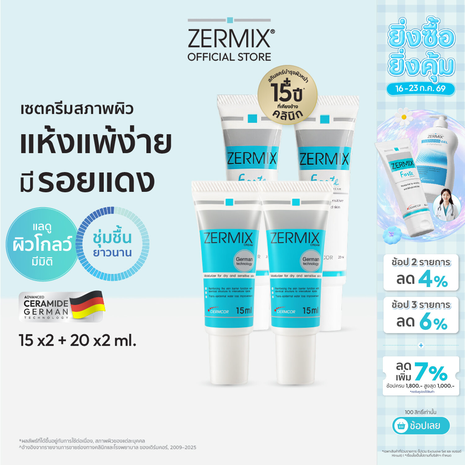 ZERMIX Forte Cream 20ml. 2ชิ้น และ Cream 15ml. 2ชิ้น ครีม มอยส์เจอไรเซอร์ บำรุงผิวหน้าผิวแพ้ง่าย ราคา 1,499 บาท*ส่งฟรี