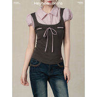 loveheynew | เสื้อโปโลคอปกสไตล์คอลเลจ ลายสีบล็อก แขนพอง ทรงสลิมฟิต สไตล์ชุดสองชิ้นปลอม สำหรับฤดูร้อน