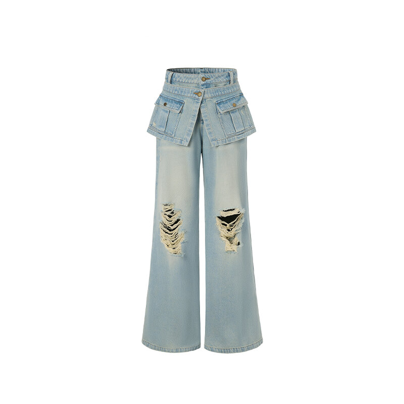 LEDIM WANG | Retro Holes Wide Leg Light Blue Jeans New Summer ราคา 6,597 บาท*ส่งฟรี