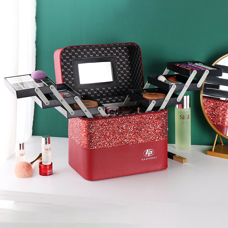 Large Capacity Portable Travel Cosmetic Bag Women's Multi-layer Storage Box Makeup Organizer PU Material Cube-shaped Design