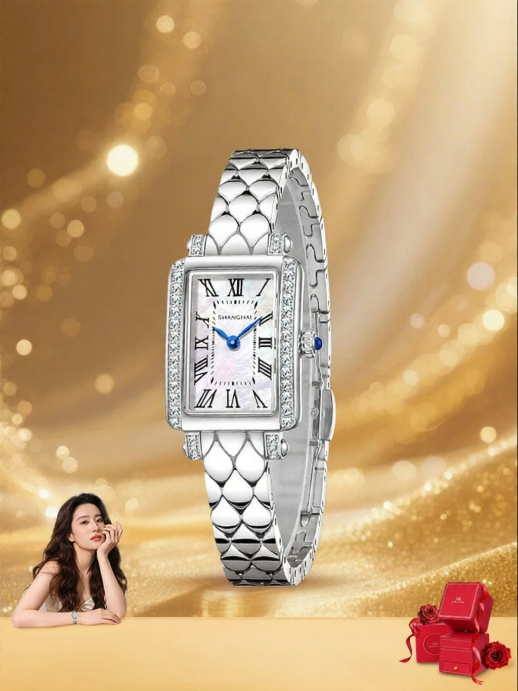 Shanghai | Qixi Festival Gift Shanghai Watch Women's玉兰 Small Square Watch Diamond Flower Face Embedded Diamond Quartz Movement Wristwatch ราคา 17,416 บาท*ส่งฟรี