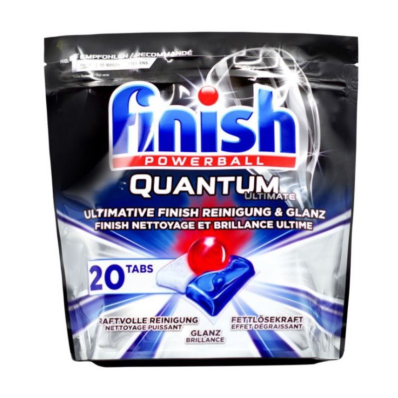 Finish Quantum Ultimate Powerball 20tabs Dishwasher Tablets Topest Version ฟินิช​ รุ่นท็อปสุด ผลิตภัณฑ์ล้างจานชนิดก้อน สำหรับเครื่องล้างจานอัตโนมัติ 20 เม็ด​