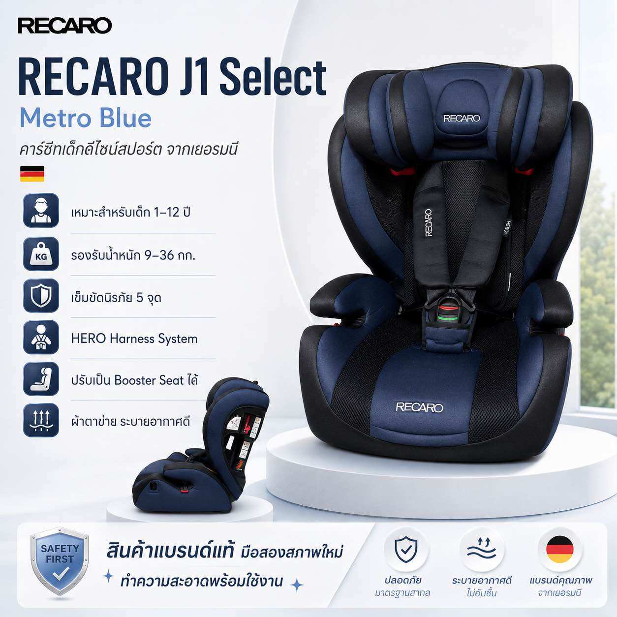 RECARO J1 Select Metro Blue คาร์ซีทเด็ก 9-36 กก. เบาะนิรภัยเด็ก 1-12 ปี คาร์ซีทเยอรมัน ของแท้ มือสองสภาพใหม่