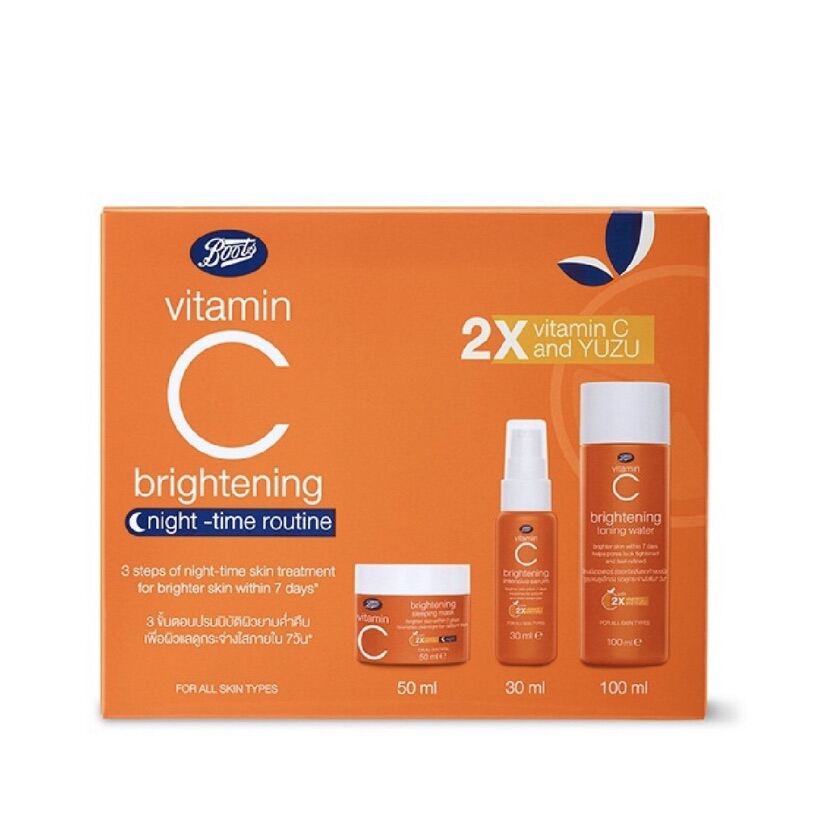 SALE ชุดเซ็ต boots vitamin C ภายในกล่องมีทั้งหมด 3 ชิ้น ก่อนนอน ตอน