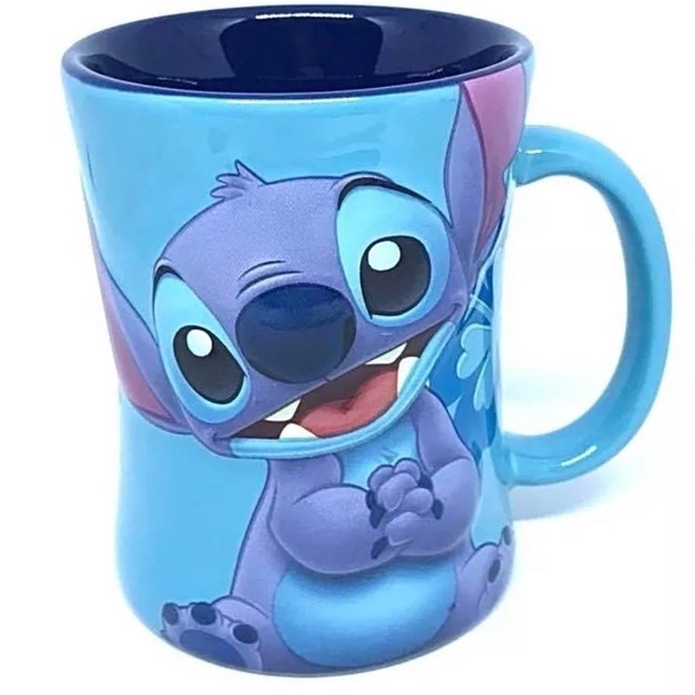 แก้วเซรามิค แก้วน้ำ แก้วมัค สติช หน้ายิ้ม ดอกไม้ การ์ตูนดิสนีย์ สีฟ้า ข้างในสีน้ำเงิน Stitch Disney Mug Ceramic