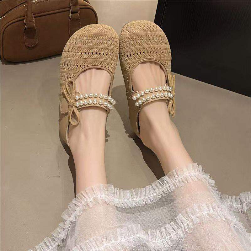 French Style Slip-On Women's Breathable Mesh Shoes Summer Outdoor Wear with Skirts Butterfly Knot Flat Heel