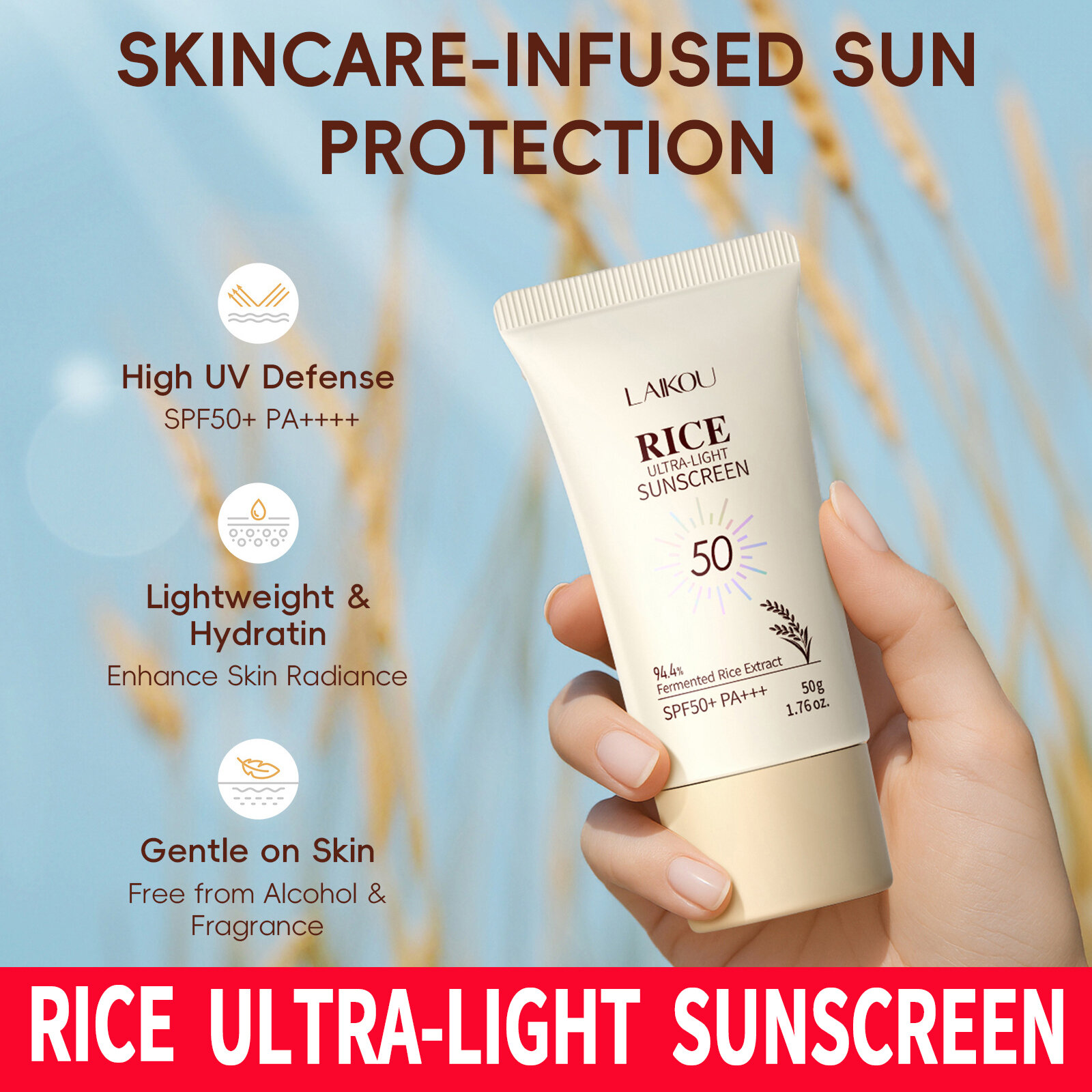 Ultra-Light Rice Sunscreen SPF 50+ PA+++ Moisturizing Skin Care Sun Protection Lightweight Formula for Daily Use