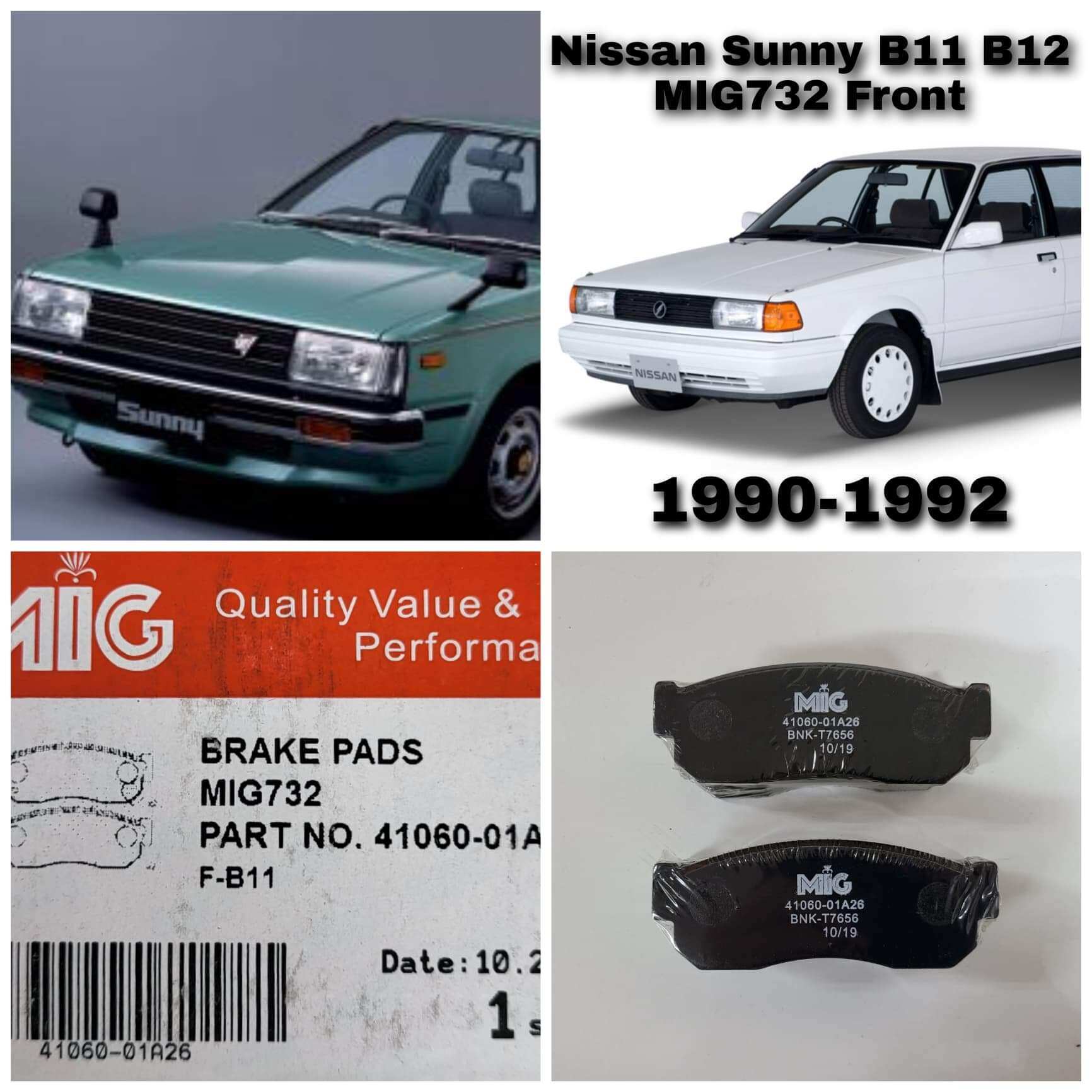 MIG 732 ผ้าเบรกหน้า / ผ้าเบรคหน้า NISSAN SUNNY CHEERY N12 1982-1985 / SUNNY 1.3 (B11) 1.5-1.6 (B12) 1990-1992 ราคา 300 บาท*ส่งฟรี