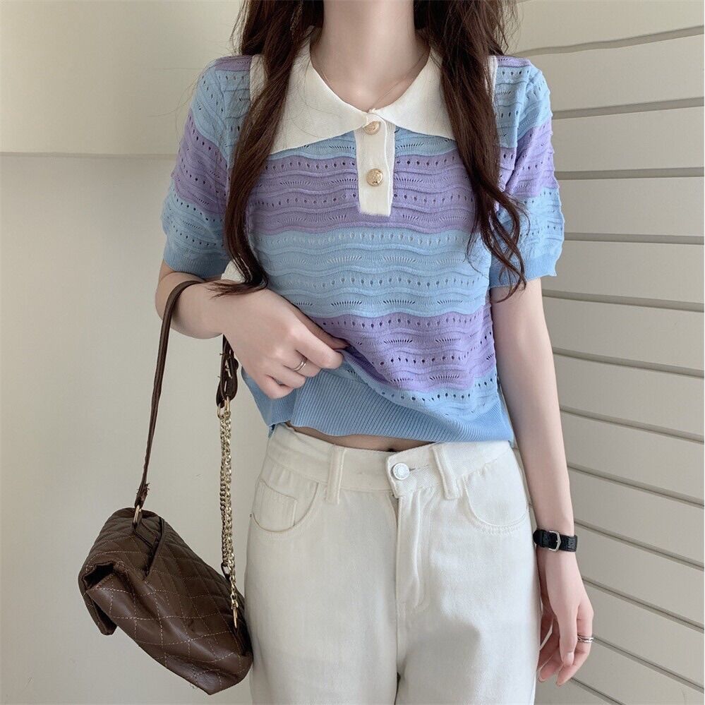 ttshop????พร้อมส่ง???? เสื้อไหมพรมแขนสั้น คอปก กระดุมทองน่ารักมากคิ้ว ...