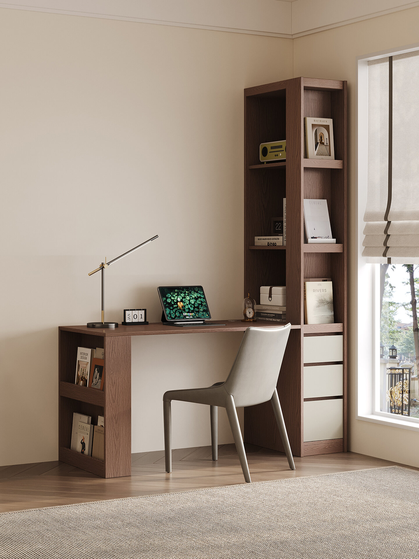 โต๊ะทำงาน โต๊ะคอมพิวเตอร์ Ergonomic PAMEDI ชั้นวางหนังสือที่ปรับแต่งได้เรียบง่ายพร้อมตู้สไตล์มิดเซ็นจูรี่