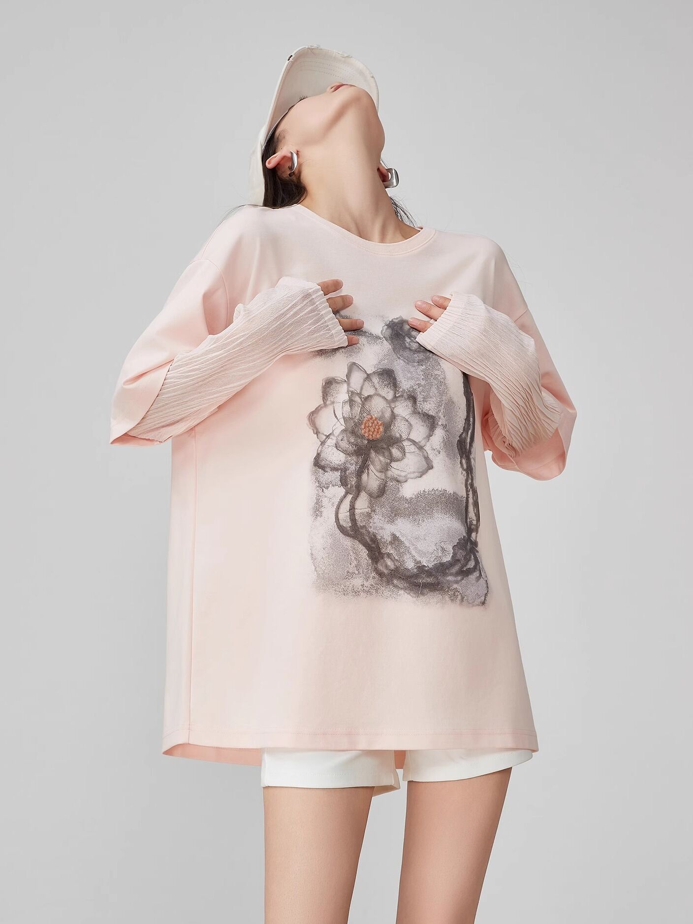 XIAODADEHUA | Age-reducing Pink Illusion Two-layer T-shirt Women Loose Elegant Style Chinese Watercolor Printed