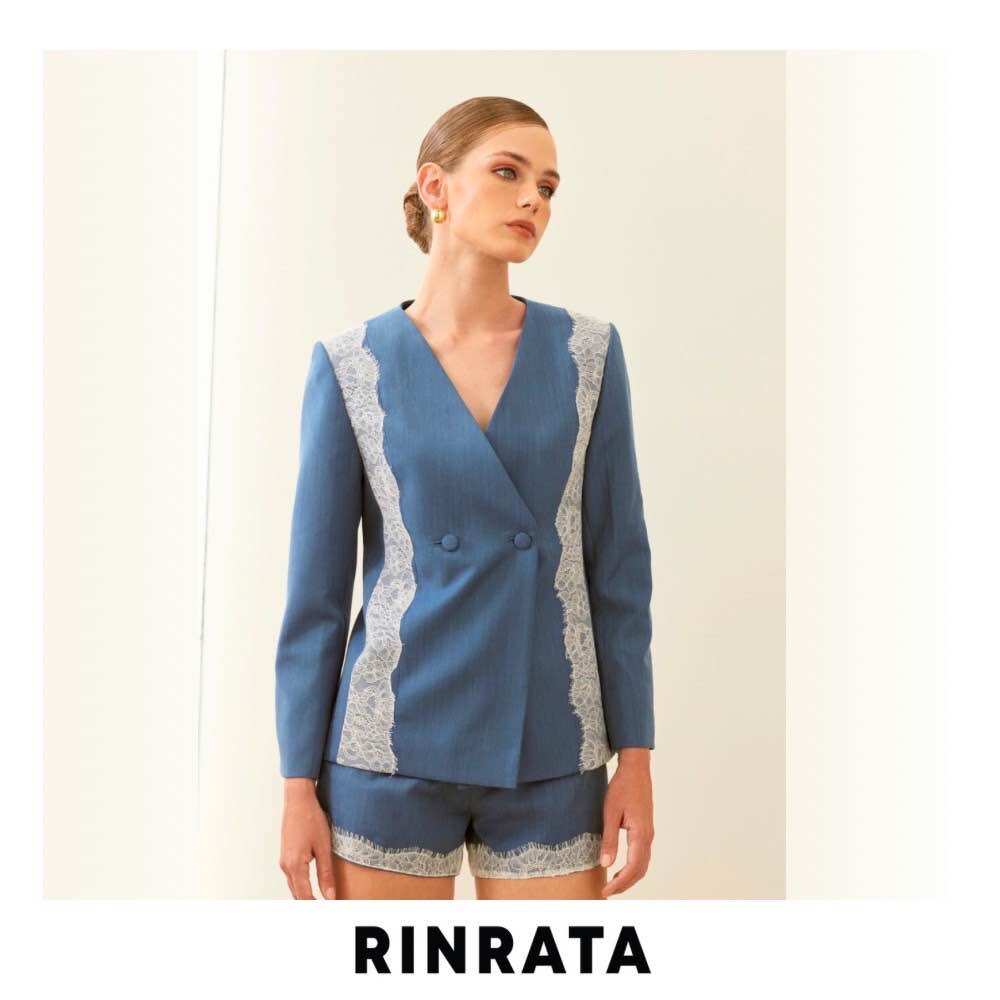 Jamy Jacket - Blue Suit Jacket, V-Neck, Collarless, Decorated with Lace, 2 Buttons, Formal Suit Jacket, Beautiful Suit. ราคา 4,000 บาท*ส่งฟรี