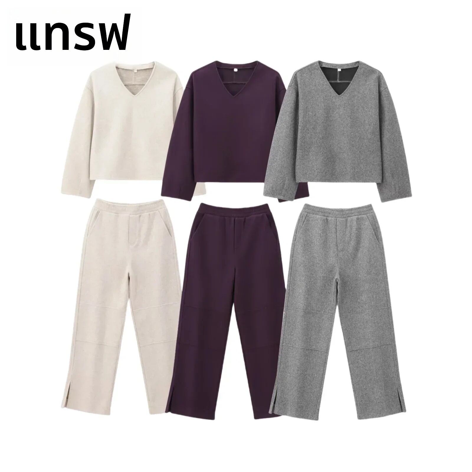 TRAF Sweatcloth 2 ชิ้นชุดผู้หญิงแฟชั่นฤดูใบไม้ร่วงฤดูหนาวใหม่ V คอเสื้อกันหนาว Chic สุภาพสตรีสูงเอวกางเกงขากว้าง ราคา 403 บาท*ส่งฟรี