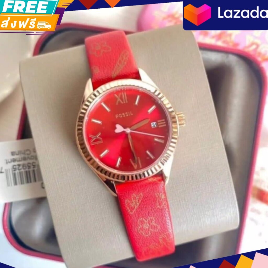 นาฬิกาข้อมือผู้หญิง Fossil Rye Three-Hand Date Red Leather 