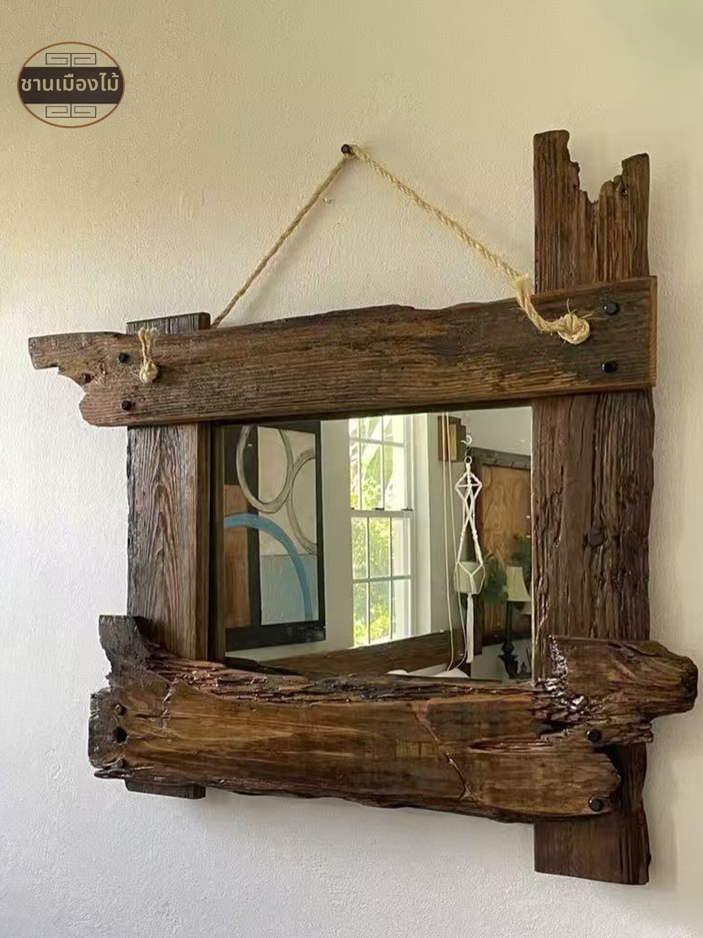Japanese Wabi Sabi Style Wooden Wall Mount Square Mirror ราคา 3,639 บาท*ส่งฟรี