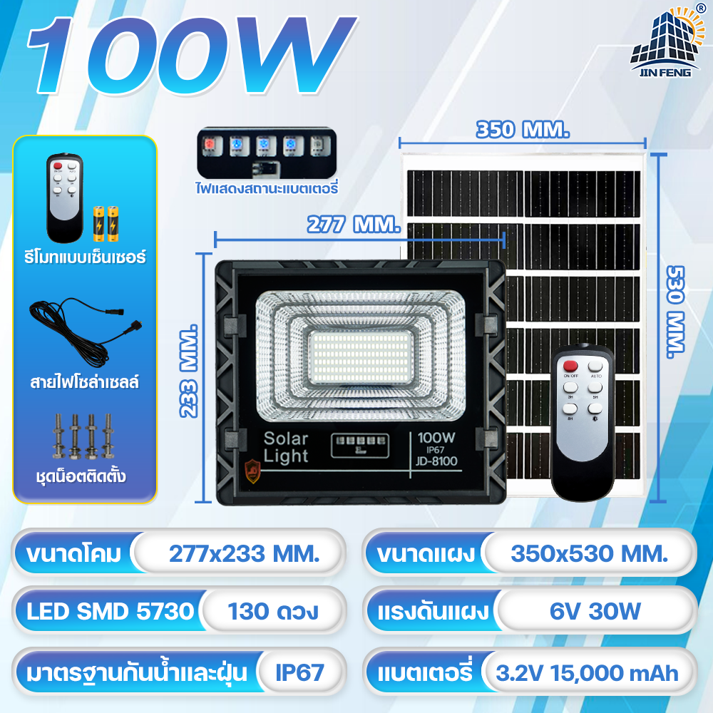 JDไฟโซล่าเซลล์ ไฟพลังงานแสงอาทิตย์100% JD Solar light หลอดไฟ โซล่าเซล LED รับประกัน3ปี หลอดไฟโซล่าเซลล์ ไฟสนามโซล่าเซลล์ สปอตไลท์โซล่าเซลล์ solar cell โคมไฟสปอร์ตไลท์แสงสีขาว IP67กันน้ำ รับประกัน3ปี