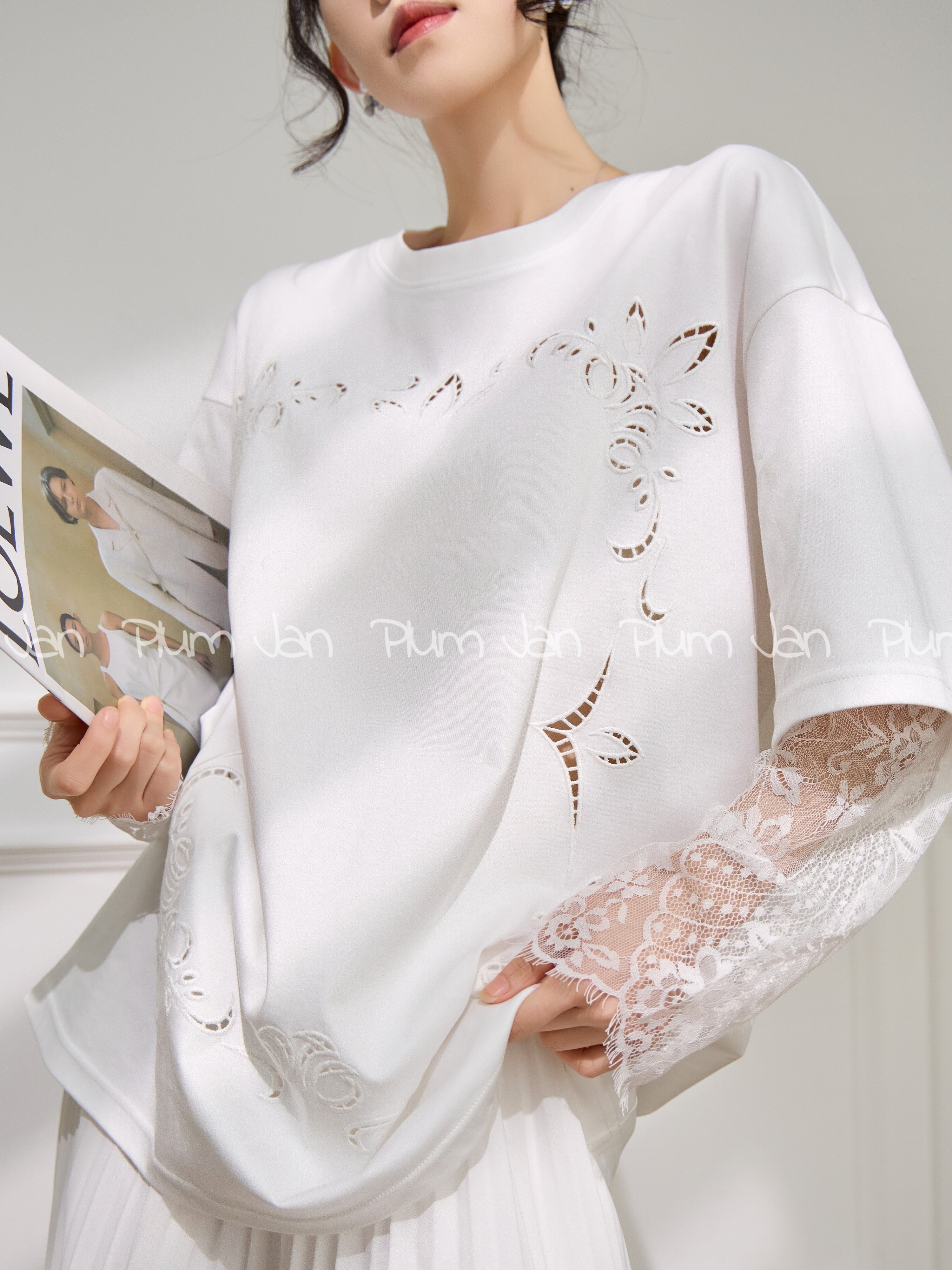 PlumJan | White Loose Lace-Up Casual T-Shirts