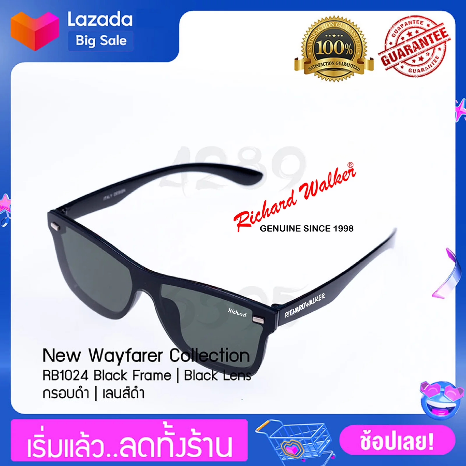 แว่นตากันแดด New Wayfarer Collection RW1024-2 Black Frame Black Lens กรอบดำ เลนส์ดำ