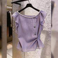 KUNAILIN | เสื้อเบลาส์พับจีบคอเพิร์ลพร้อมแขนระบาย