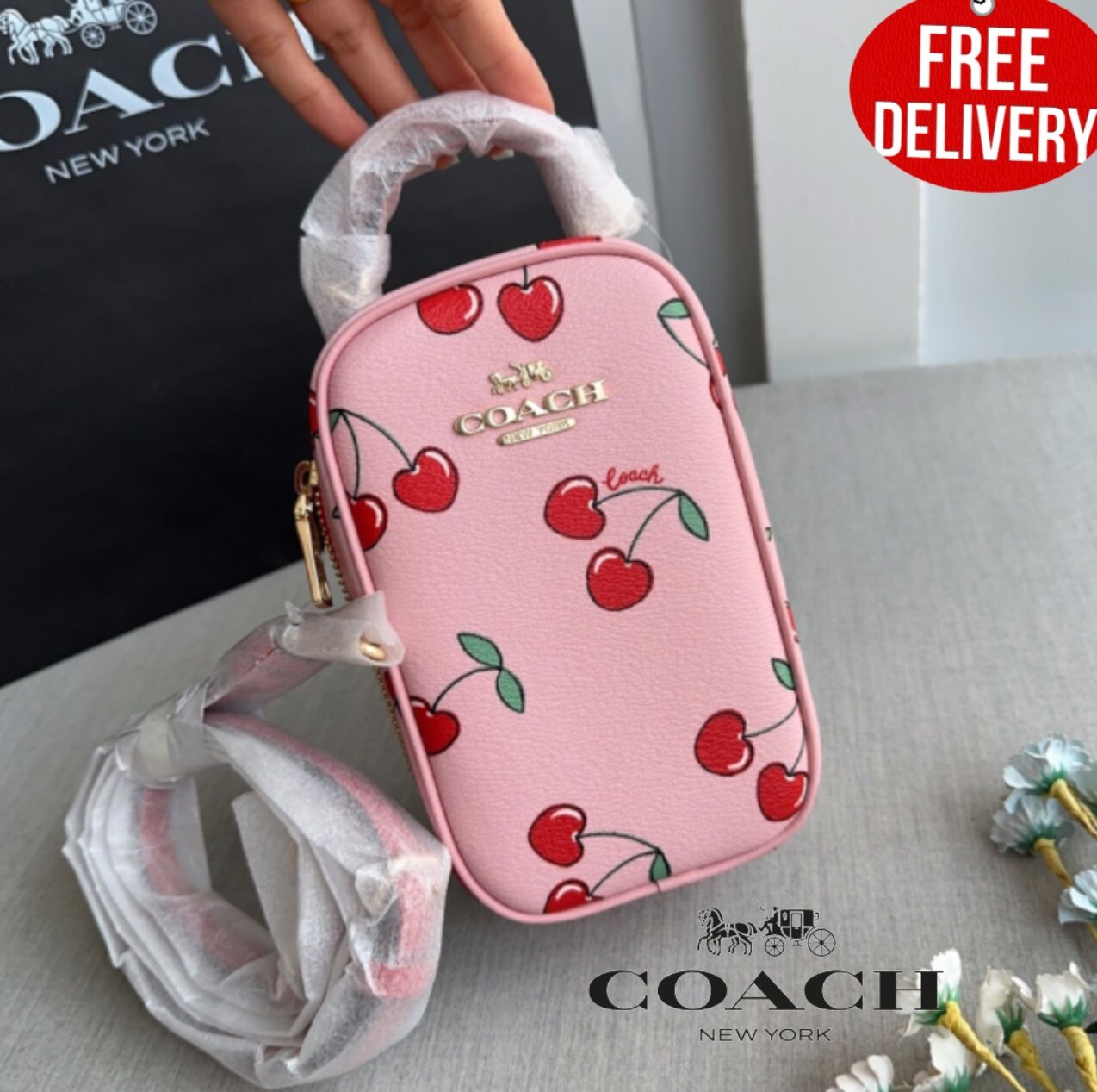 Coach CF371 Eva Phone Crossbody With Heart Cherry Print In Gold