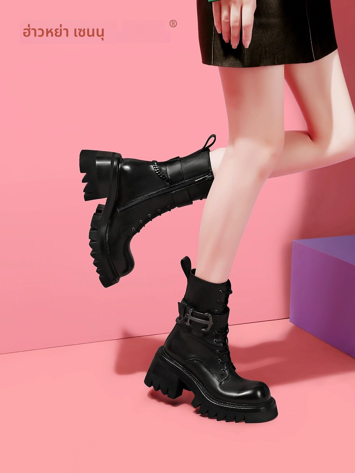 HAOYASENNU | Elevating Thicker Sole Black Leather Boots Martin Style Winter Short Boots ราคา 9,806 บาท*ส่งฟรี