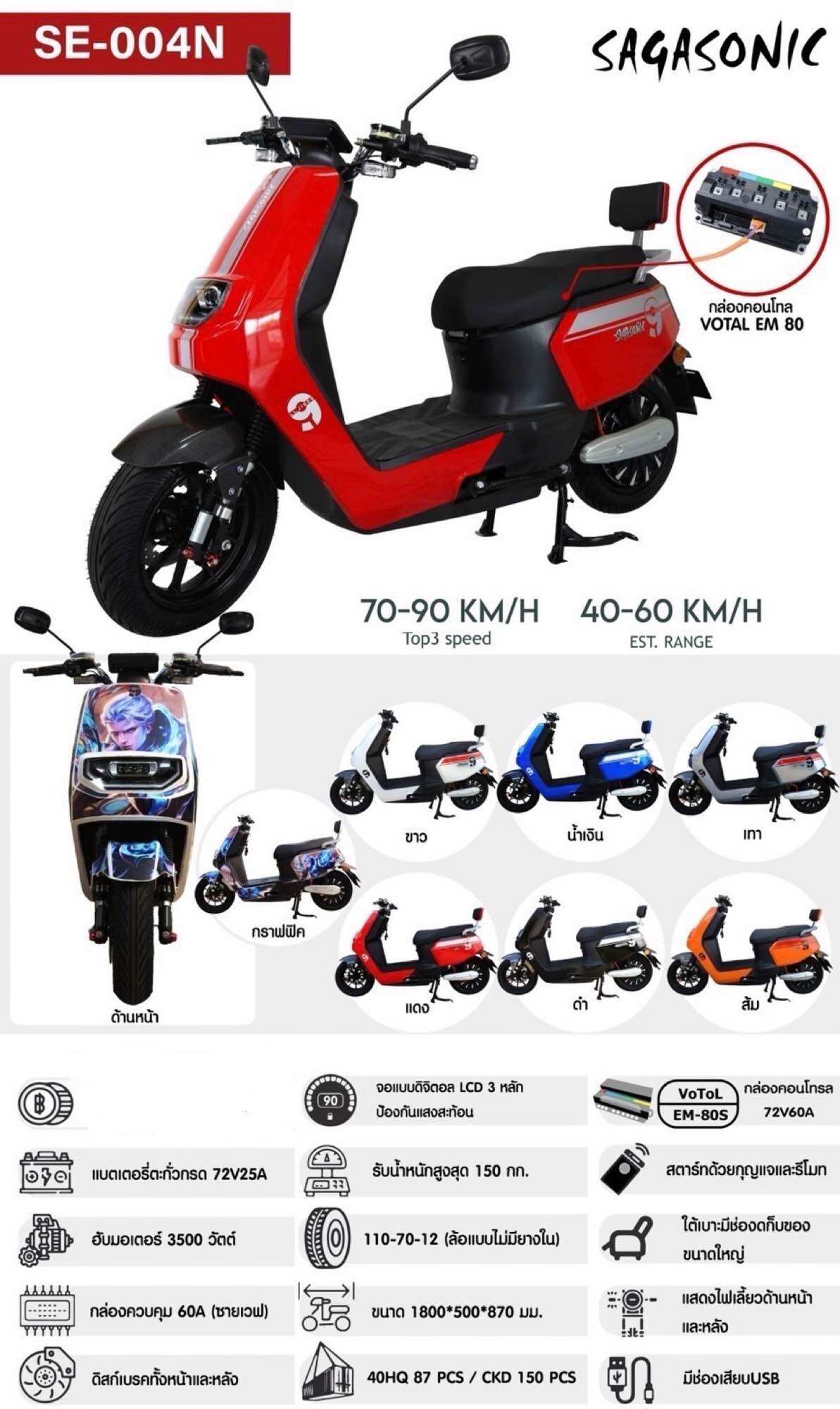 รถมอเตอร์ไซค์ไฟฟ้า ทรงE2 ยี่ห้อsagasonic รุ่นSE-004N มอเตอร์3,500วัตต์ กล่องควบคุมVotal EM80 ราคา 35,000 บาท*ส่งฟรี
