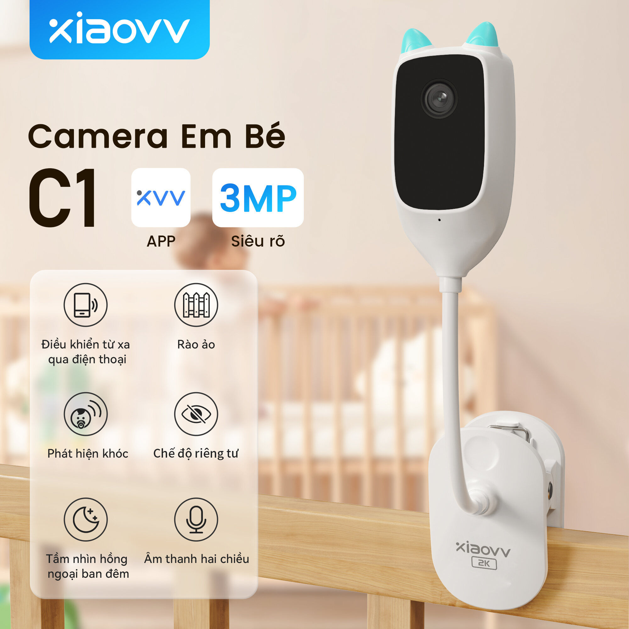 xiaovv Camera giám sát trẻ em WiFi cctv cho gia đình trẻ em Kết nối không dây với điện thoại di động có chức năng phát hiện tiếng khóc Hàng rào thông minh Âm thanh hai chiều Giọng nói Chia sẻ nhiều thiết bị 3MP baby child care monitor camera