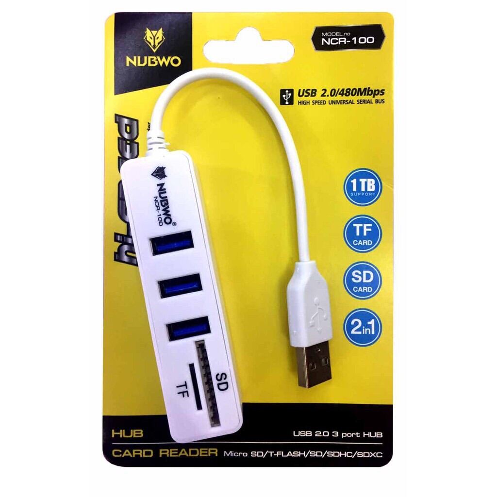 NUBWO ตัวเพิ่มช่องUSB+ตัวอ่านการ์ด HUB USB 3 Port +Card Reader 2.0 (2in1) รุ่น NCR-100