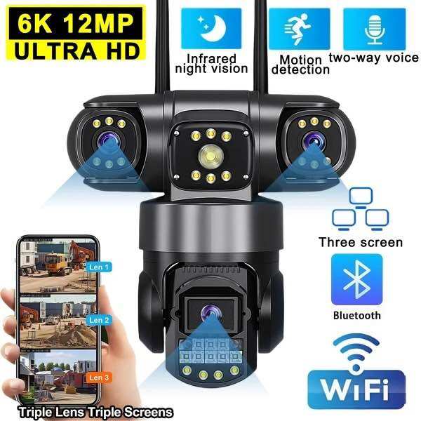 Tdl Cctv Camera Three Lens 6K 12Mp Wireless Outdoor Camera Wifi Waterproof 360 Ip Security Camera Motion Tracking Alarm Colorful Night Vision Two-Way Talk V380Pr ราคา 899 บาท*ส่งฟรี
