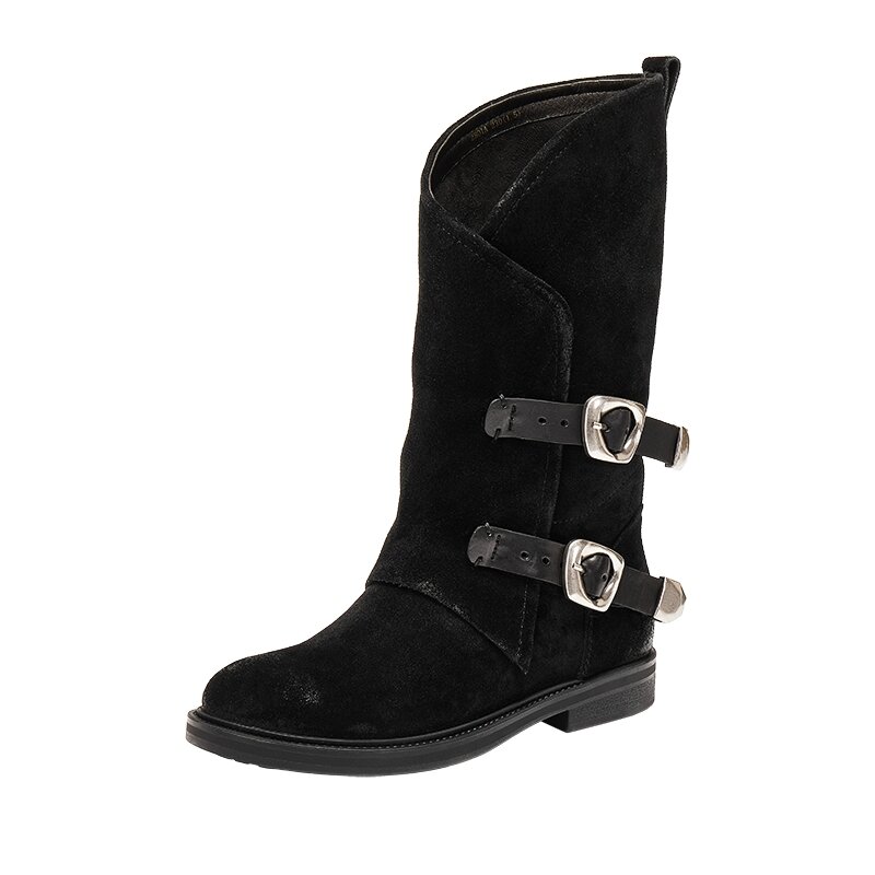 Joy & Peace | Western Style Mid-Calf Boots with Double Leather Belt ราคา 8,883 บาท*ส่งฟรี