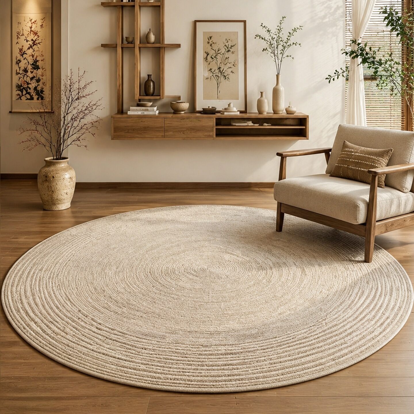 พรมกลมวินเทจ ผ้านุ่มเหมือนขนแกะ สไตล์ Wabi-Sabi สำหรับห้องนั่งเล่น