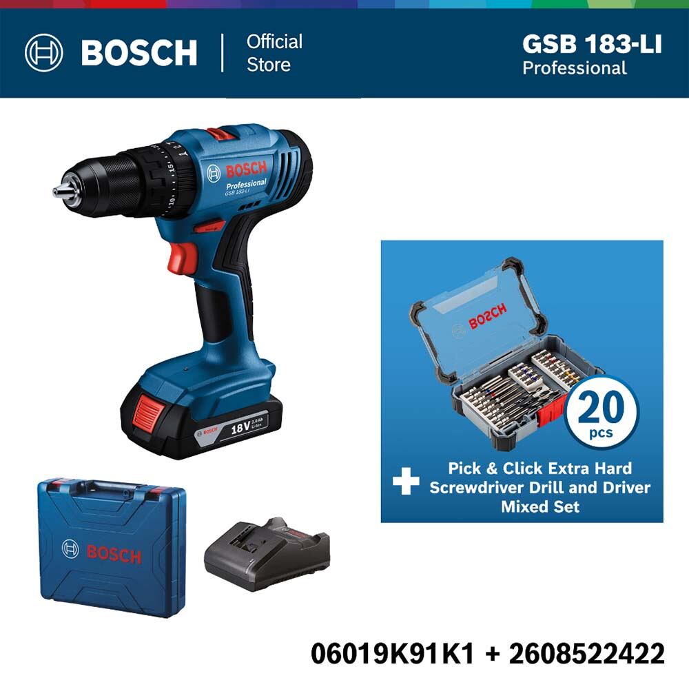 Bosch ชุดสุดคุ้ม สว่านกระแทกไร้สาย GSB 183 ชุุดดอกสว่าน 20 ชิ้น ราคา 4,394 บาท*ส่งฟรี