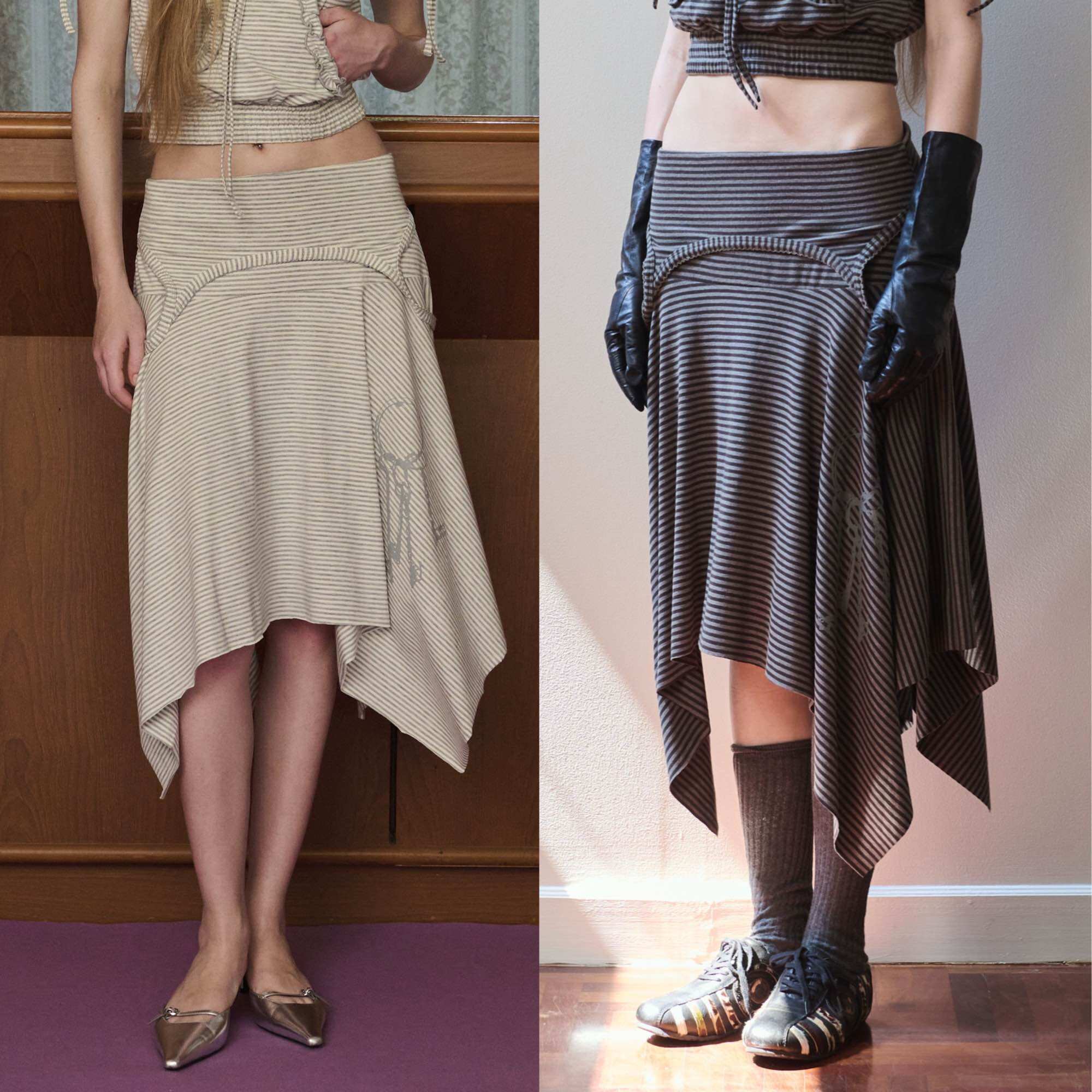 Couthy Studio - Key Striped Skirt, Flowing Skirt with Diagonal Hem. ราคา 1,309 บาท*ส่งฟรี