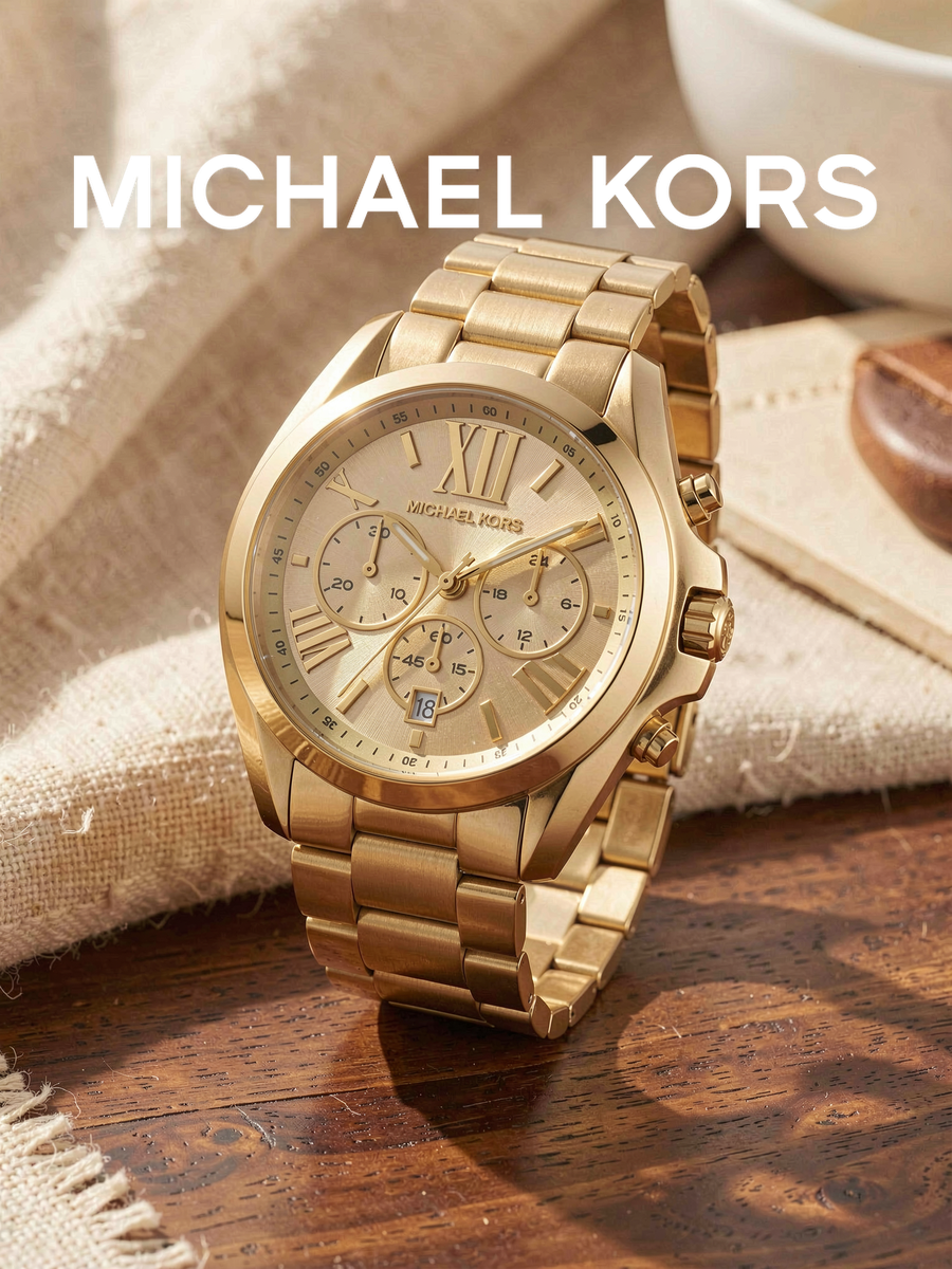 นาฬิกาข้อมือ Michael Kors สำหรับผู้หญิง รุ่นโครโนกราฟ สายสแตนเลสสีทอง หน้าปัดแสดงวันที่ด้วยตัวเลขโรมัน เหมาะสำหรับใส่ไปทำงาน งานเลี้ยง หรือเป็นของขวัญในโอกาสครบรอบ ราคา 10,067 บาท*ส่งฟรี