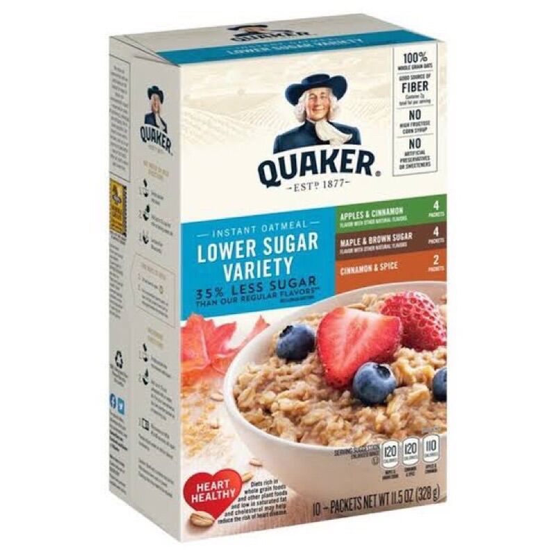 Quaker Lower Sugar Instant Oatmeal Variety เควกเกอร์ โลว์ชูการ์ ข้าวโอ็ต สำเร็จรูป หลากรส 328g.