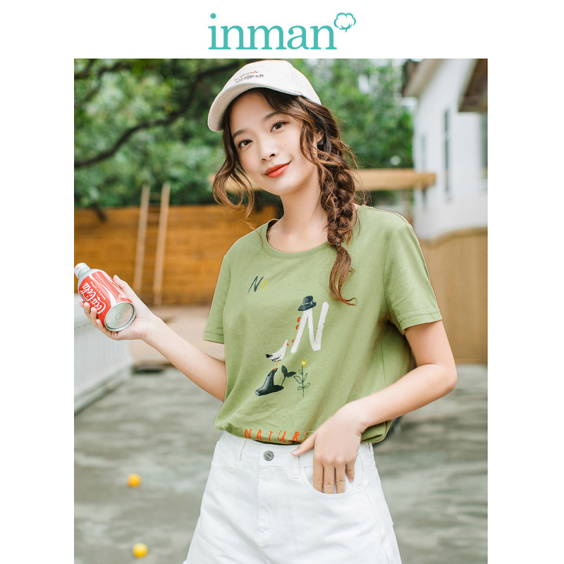 INMAN เสื้อยืดแขนสั้นหญิงหลวม2019ฤดูร้อนใหม่ปลอกคอกลม Chumei น่ารักพิมพ์ลายเฟรชชี่วรรณกรรมเสื้อ T