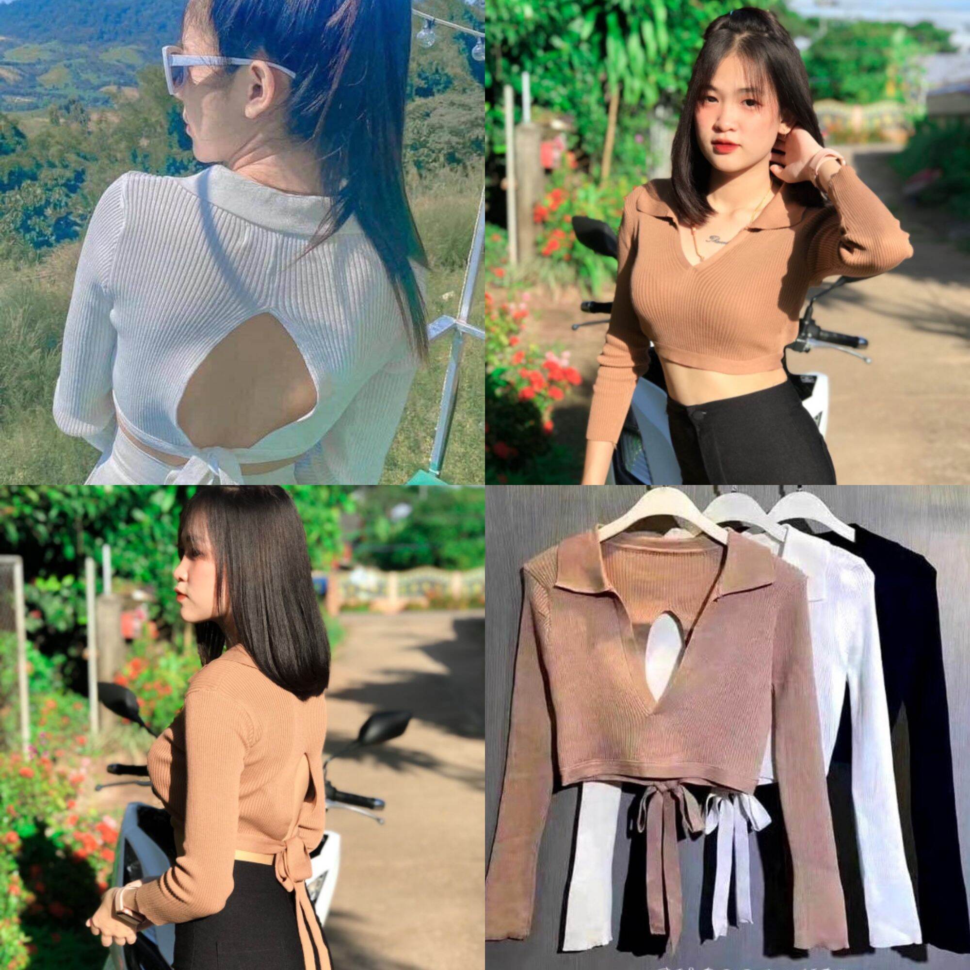 🌈SpinnyHouse🌈 เสื้อเว้าหลัง ครอปคอวีแอบโชว์ร่องนิดๆ เว้าหลัง‼️ผูกแกะได้‼️ ข้าวปุ้นผูกหลัง ข้าวปุ้น C603A B201B ราคา 128 บาท*ส่งฟรี