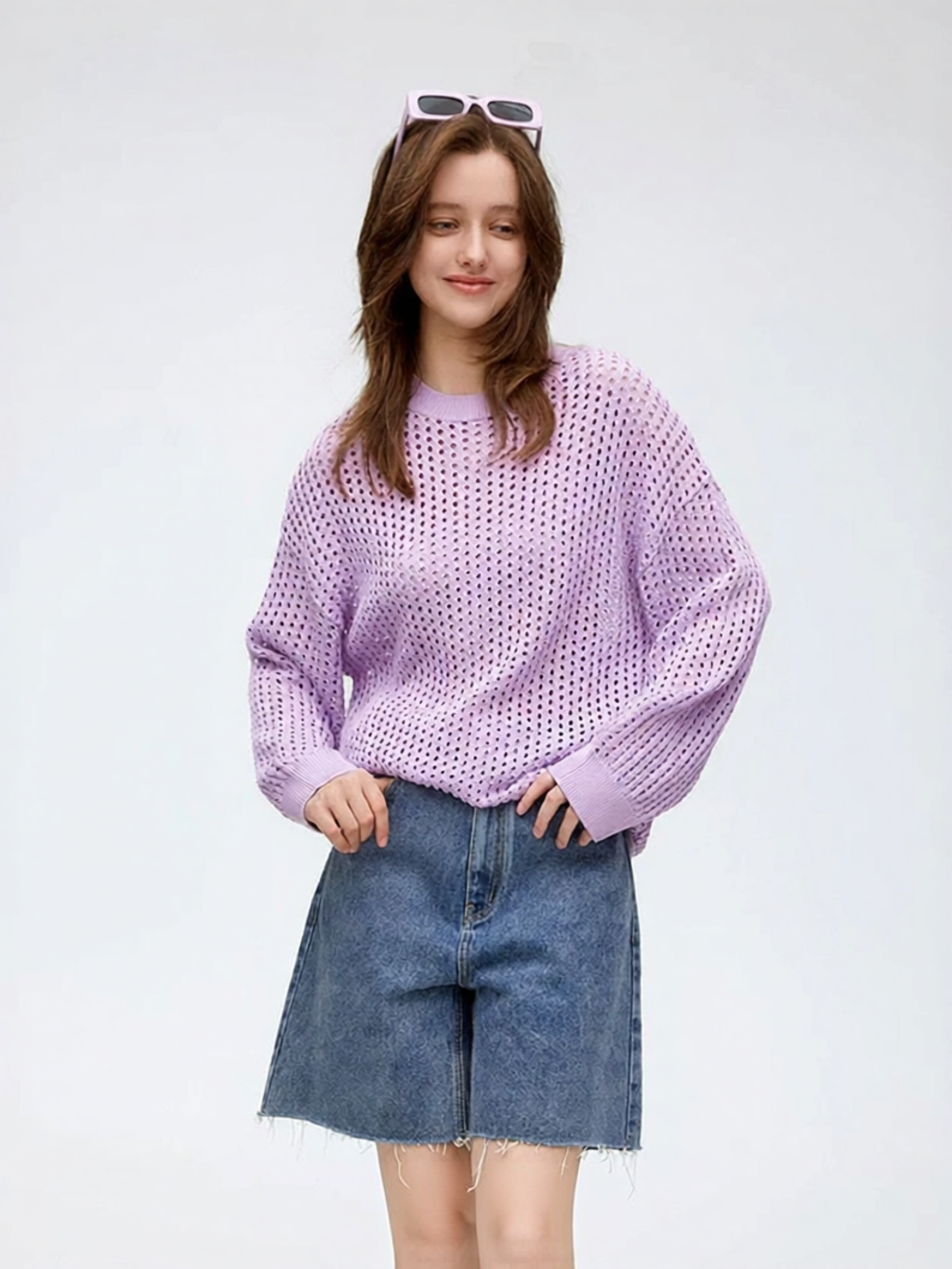 URLAZH | Grace Design Soft Lavender Pink Purple Shoulder Drop Hollow Knit Sweater ราคา 6,517 บาท*ส่งฟรี