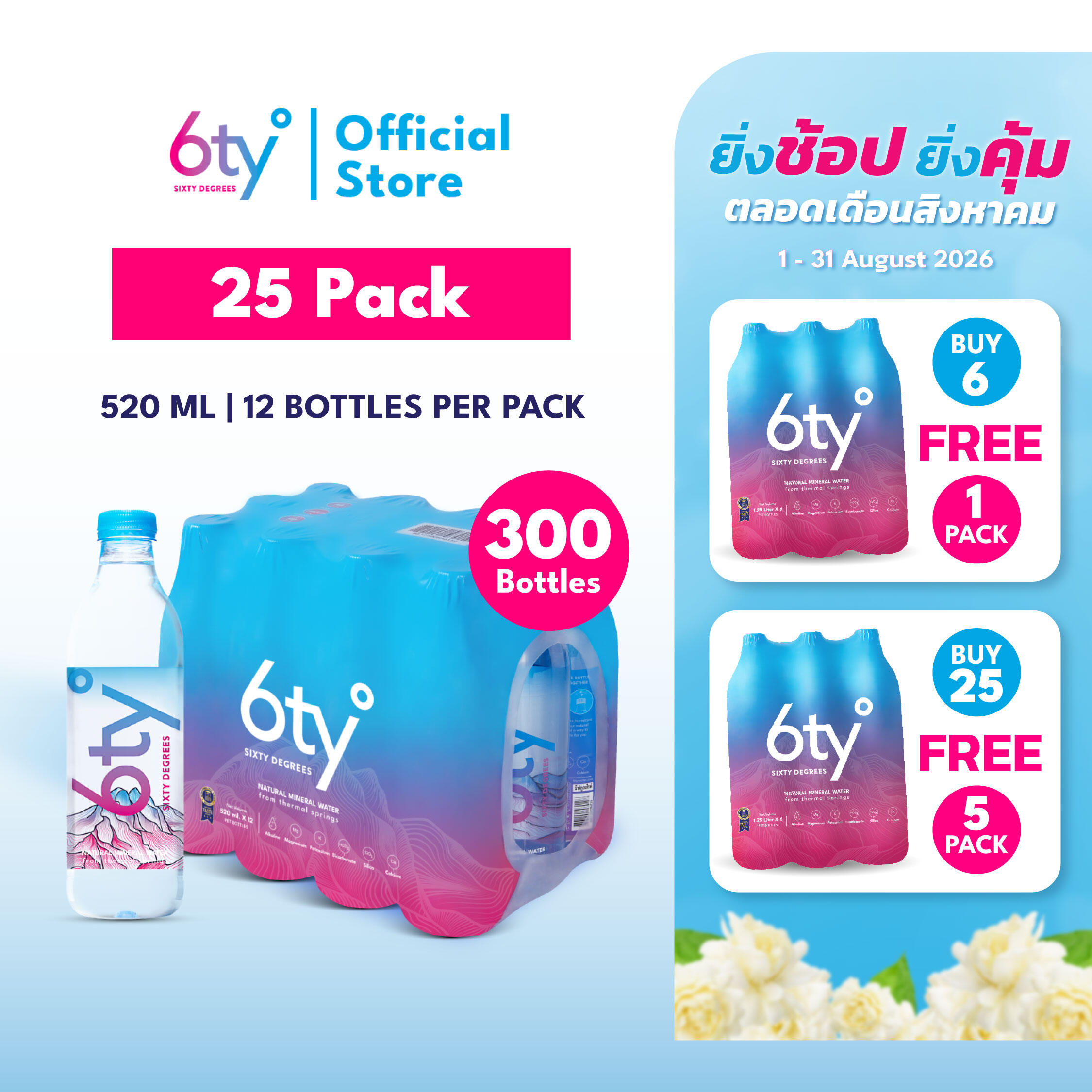 [Free Delivery] 520ml 25 Packs 300 Bottles Mineral Water 6ty Degrees Mineral Water 100% Natural Mineral Water from Chiang Dao Mineral Water Source. ราคา 4,200 บาท*ส่งฟรี